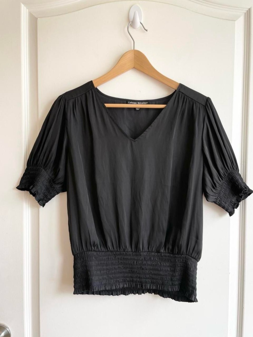 Vintage Y2K Catherine Malandrino Satin Smocked Blouse Black Size M